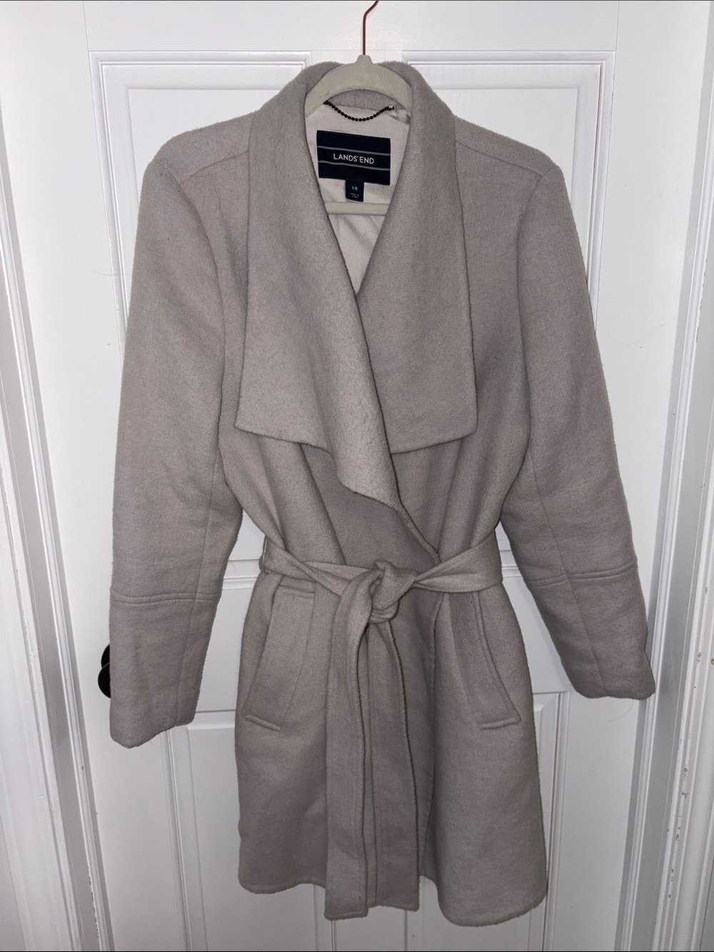 Lands' End Women's Light Grey Wool Wrap Trench Coat with Belt